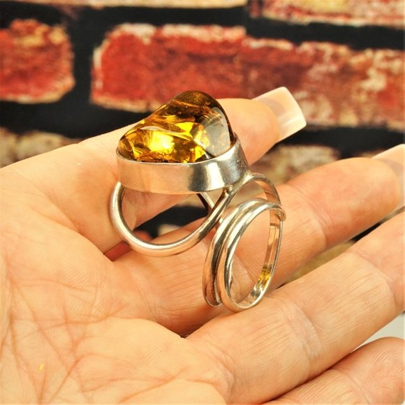 LARGE BALTIC AMBER 925 SILVER ADJUSTABLE RING, UNIQUE DESIGN, GIFT FOR WOMEN - Picture 9 of 16